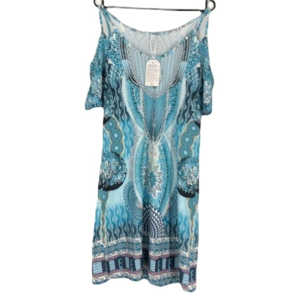 NWT teal blue cold  shoulder peacock print dress small